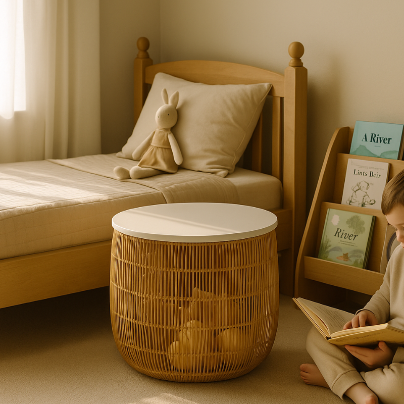 Wood Rattan Basket Side Table