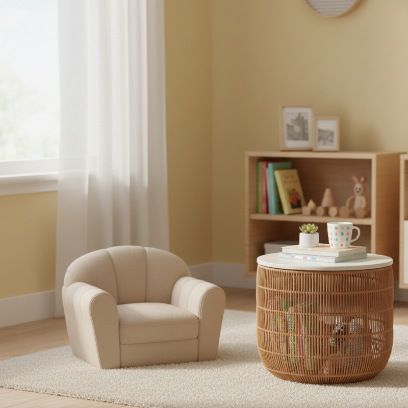 Wood Rattan Basket Side Table