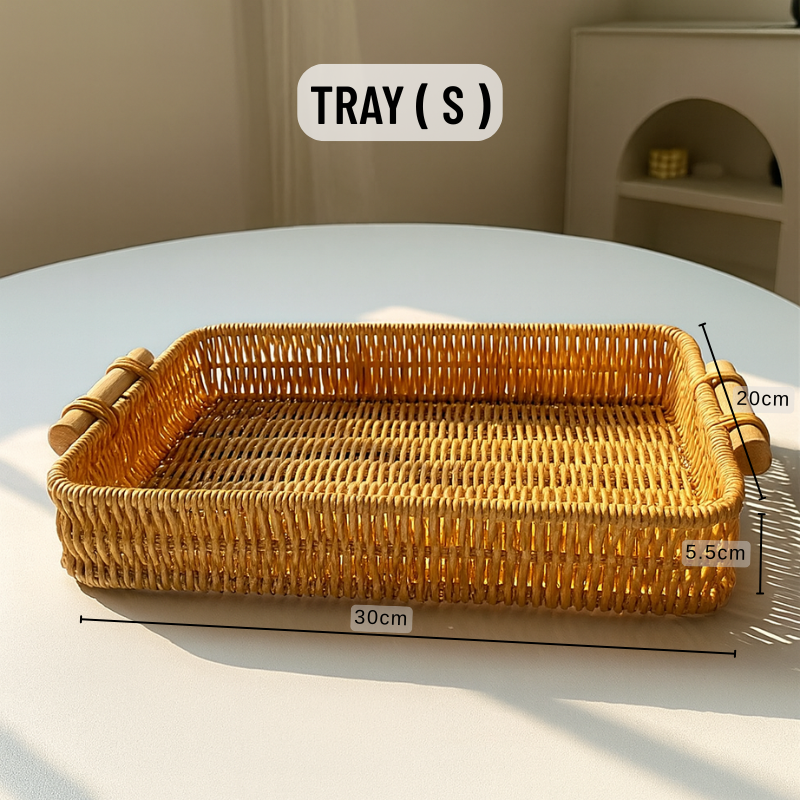 Wood Handle Rattan Tray
