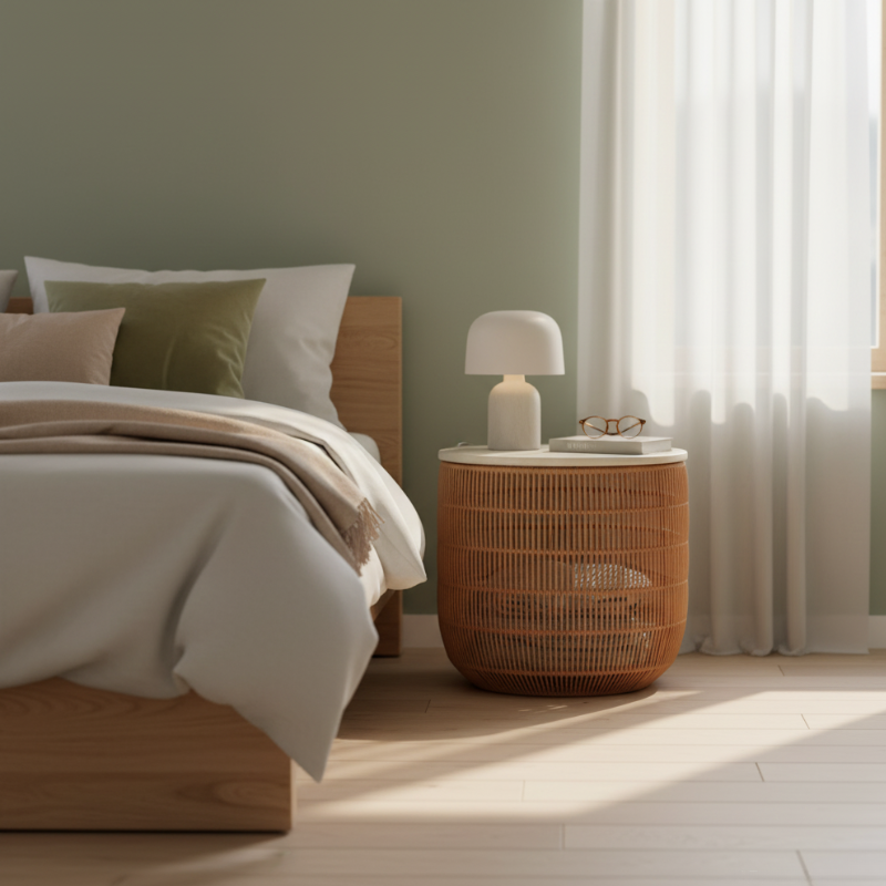 Wood Rattan Basket Side Table