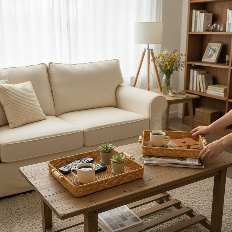 Wood Handle Rattan Tray