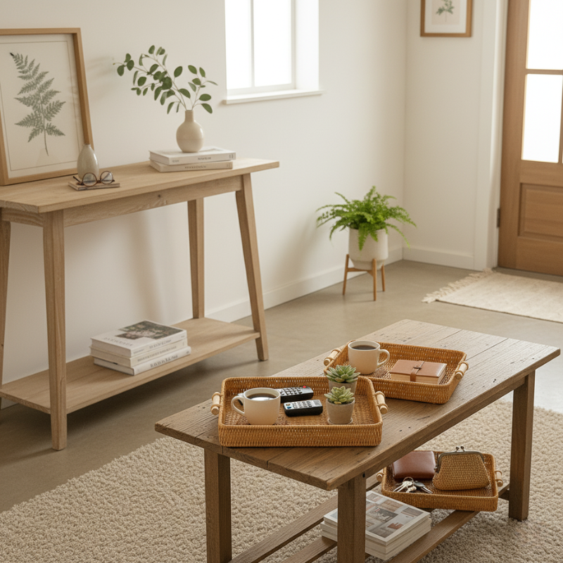 Wood Handle Rattan Tray