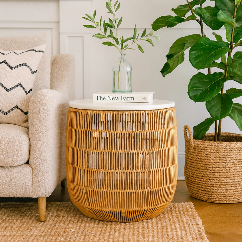 Wood Rattan Basket Side Table
