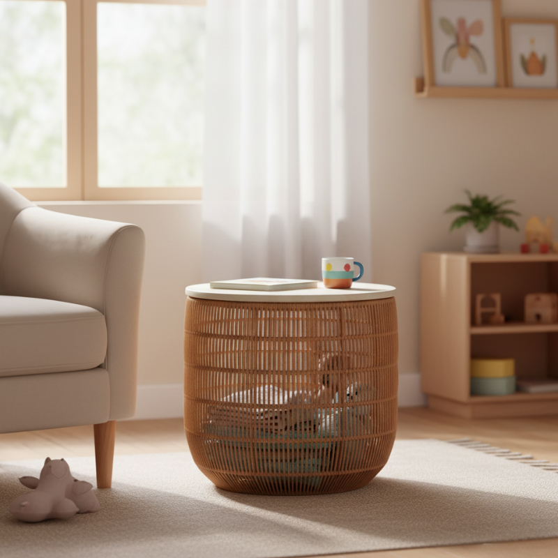 Wood Rattan Basket Side Table