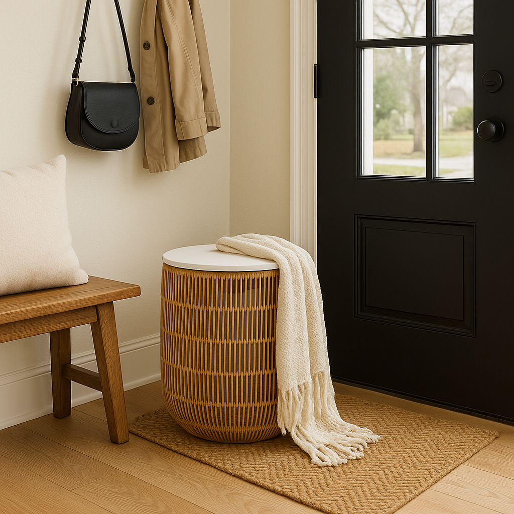 Wood Rattan Basket Side Table