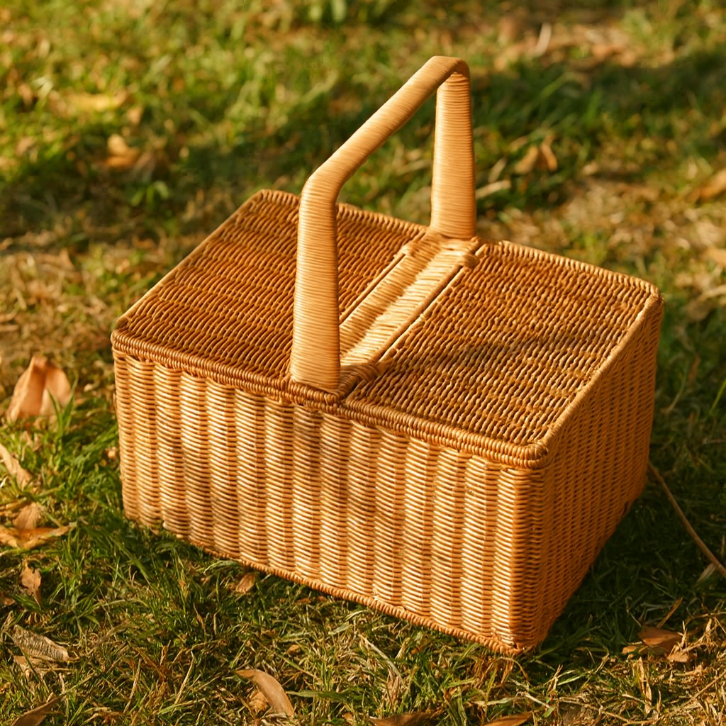 Lidded Rattan Picnic Basket