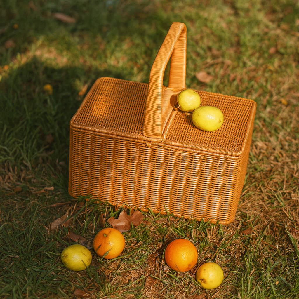 Lidded Rattan Picnic Basket