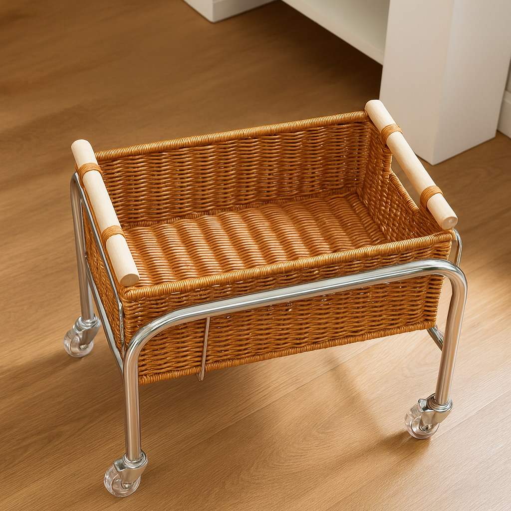 Rattan Basket Rolling Cart