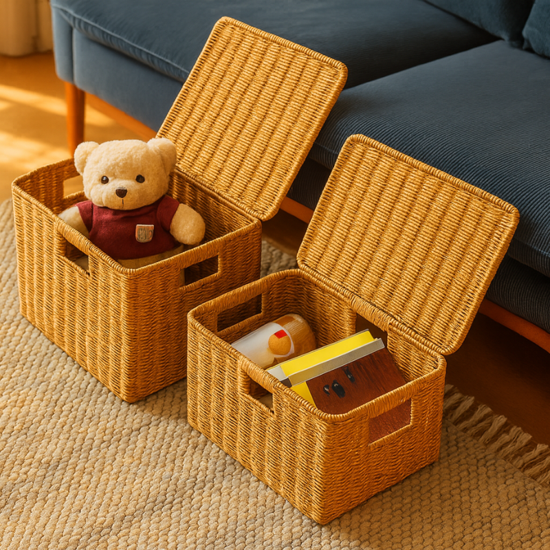 Woven Lidded Rattan Storage Basket