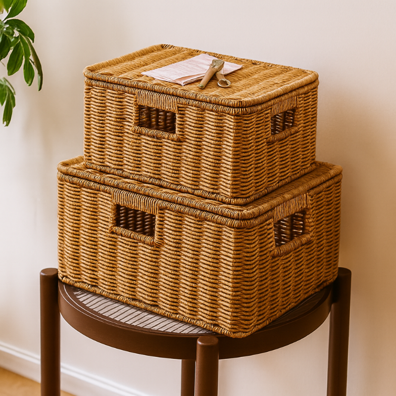 Woven Lidded Rattan Storage Basket