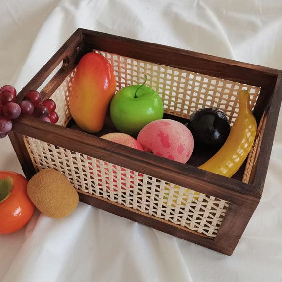Vintage rattan storage basket desktop solid wood collection box home bedroom snack box toy uncovered wooden storage box