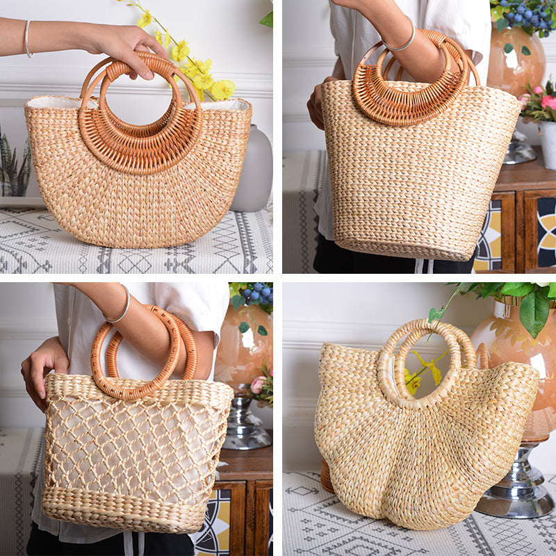 Amazon sale rattan ins handmade high-value photo artifact straw moon handmade bag