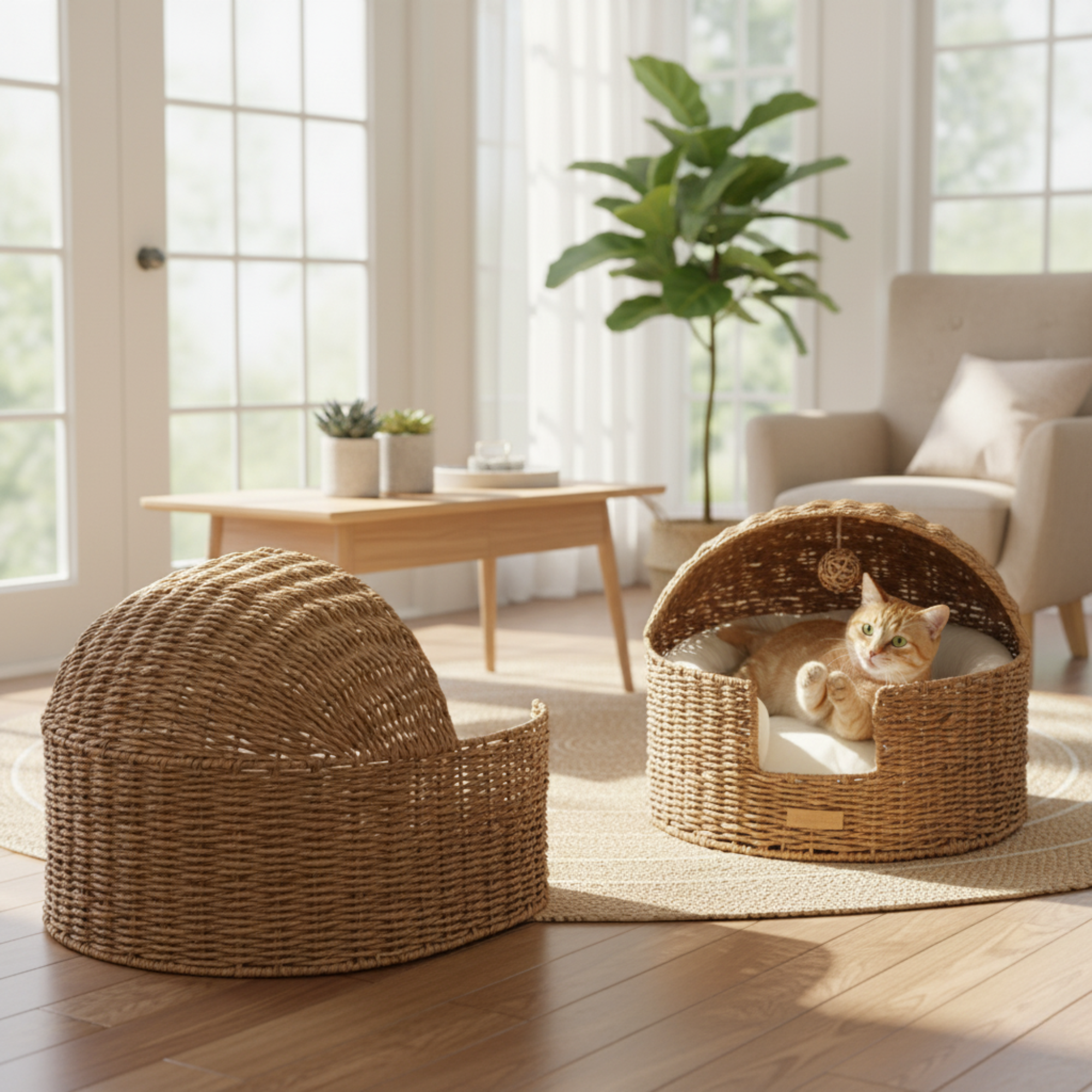 Rattan Dome Cat House Basket
