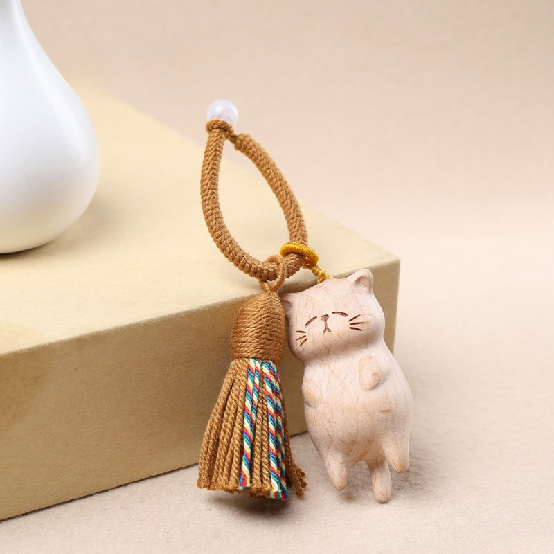 Hand-carved Lucky Cat Key Charm