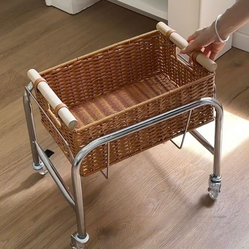 Rattan Basket Rolling Cart