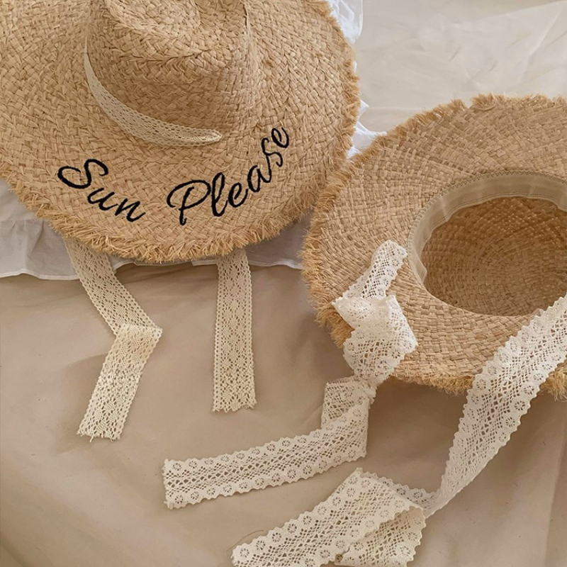 Wide Brim Lace Raffia Hat