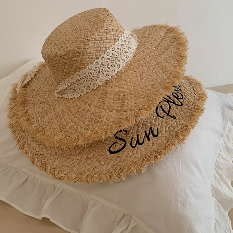 Wide Brim Lace Raffia Hat