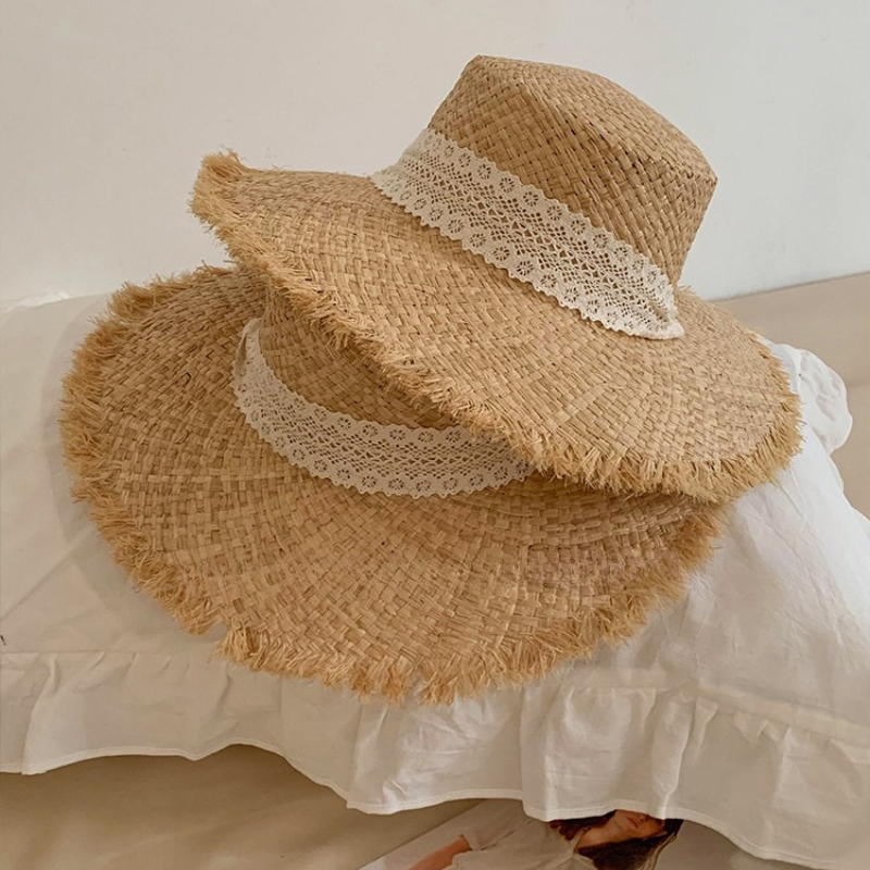 Wide Brim Lace Raffia Hat