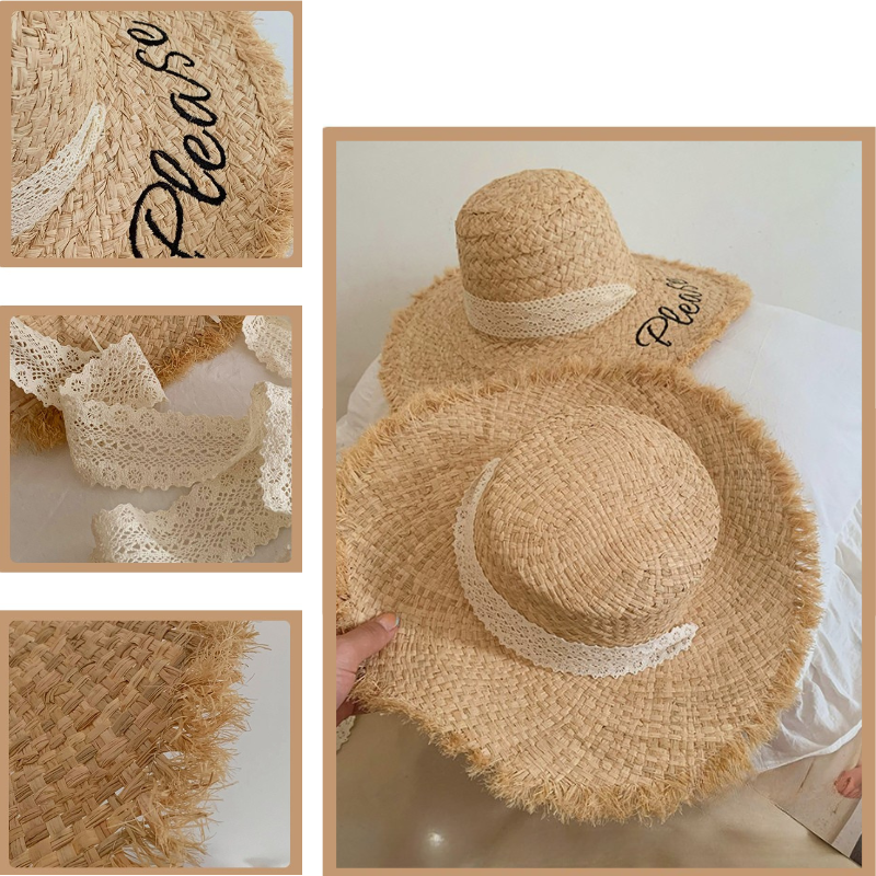 Wide Brim Lace Raffia Hat