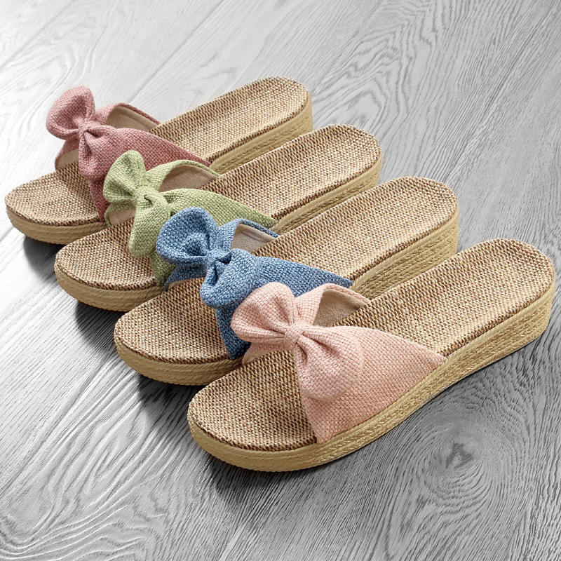 Women's Linen Wedge Bow Slippers