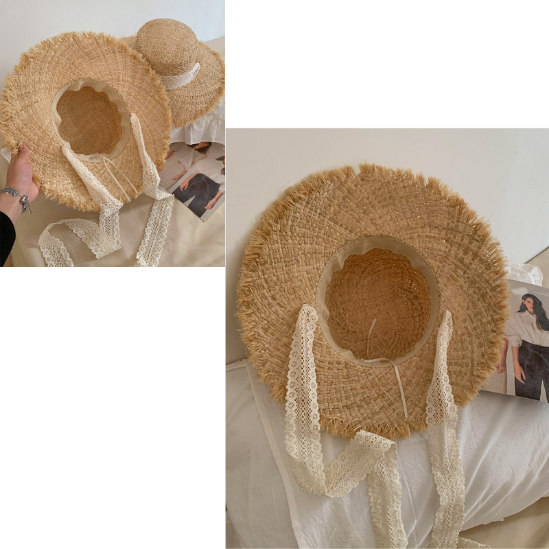 Wide Brim Lace Raffia Hat