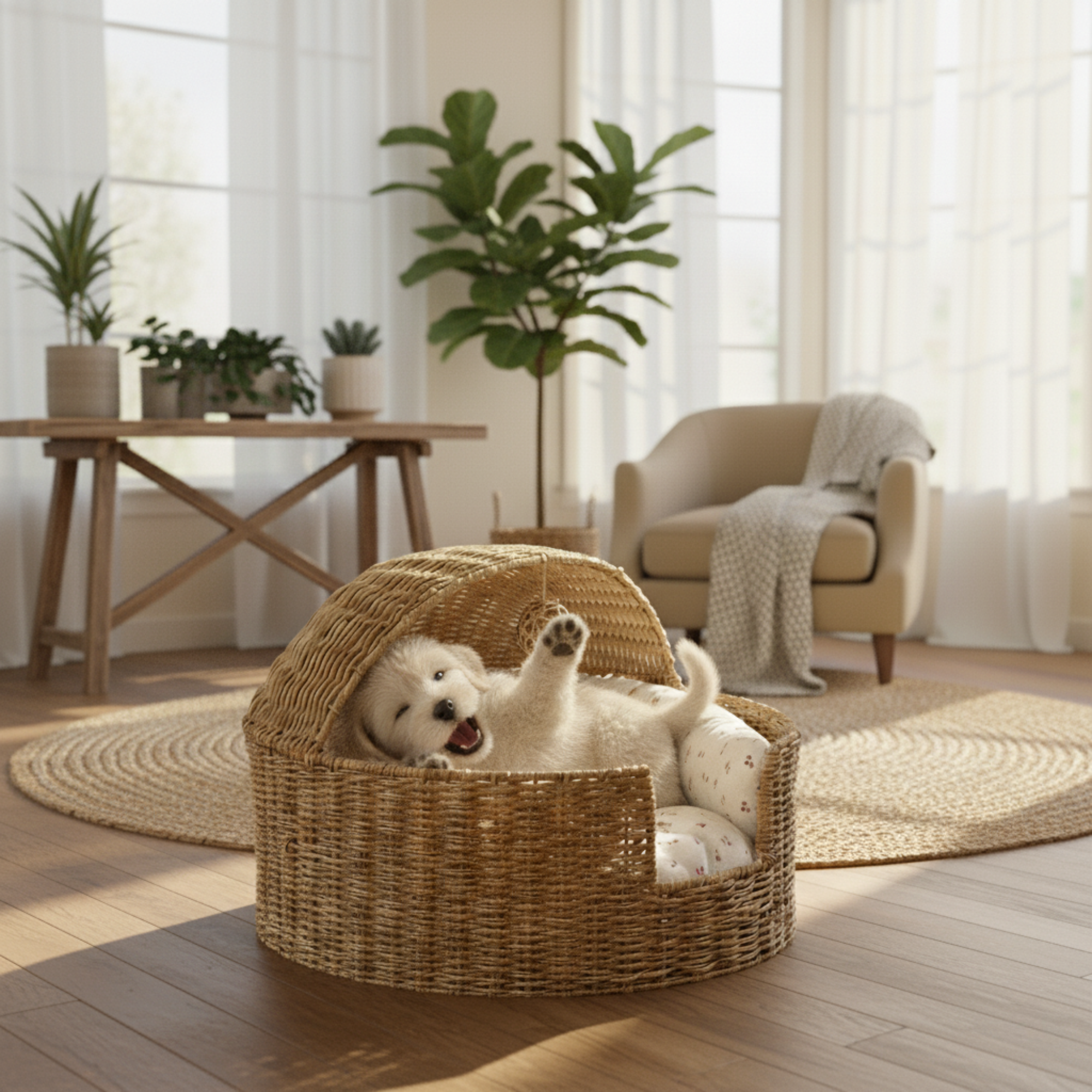 Rattan Dome Cat House Basket