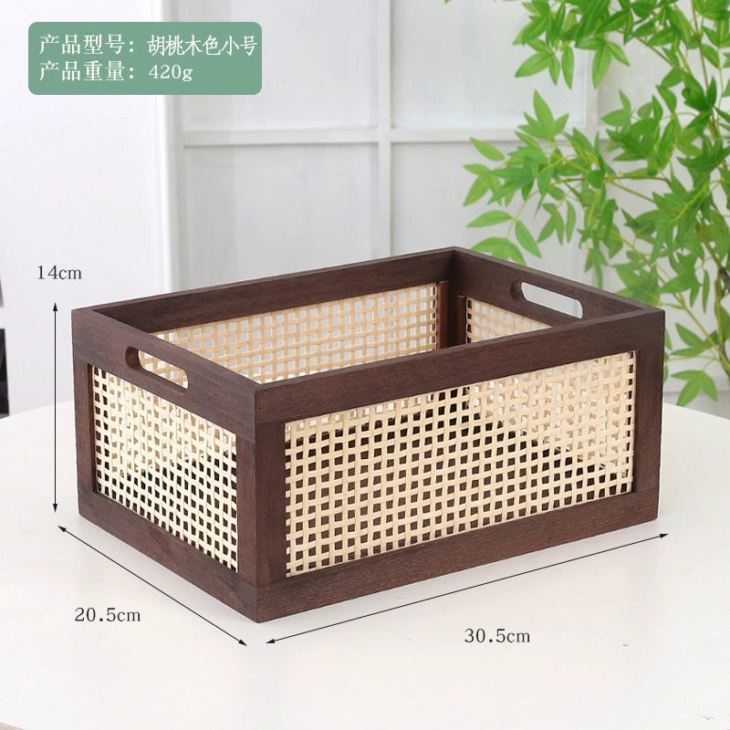 Vintage rattan storage basket desktop solid wood collection box home bedroom snack box toy uncovered wooden storage box