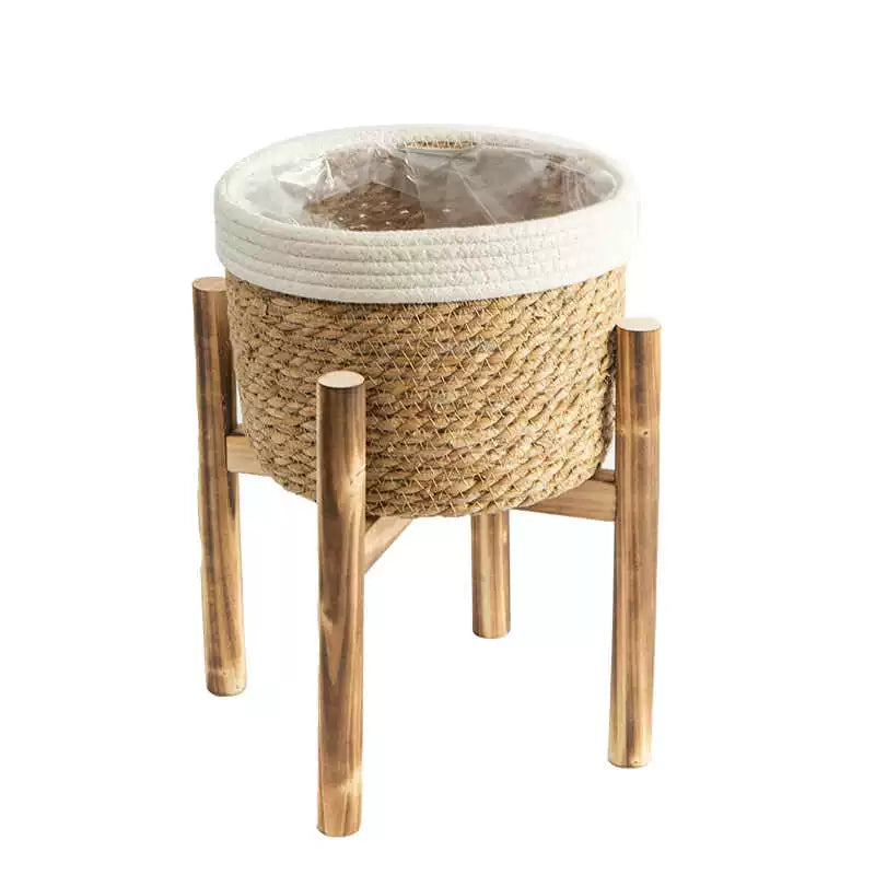 Home Accessories, Wooden Base Flower Basket, Flower Pot Set, Hand-Woven Balcony Basket, Straw Basket, Floor Standing Flower Pot Shelf