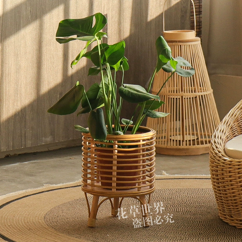 Nordic style rattan weaving floor flower stands, flower pots, flower baskets, home decoration ornaments, potted plants, green plant sets, plastic rattan woven pots