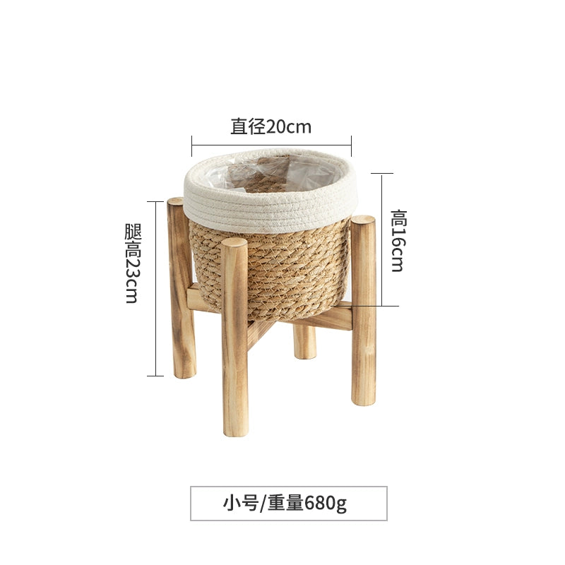 Home Accessories, Wooden Base Flower Basket, Flower Pot Set, Hand-Woven Balcony Basket, Straw Basket, Floor Standing Flower Pot Shelf