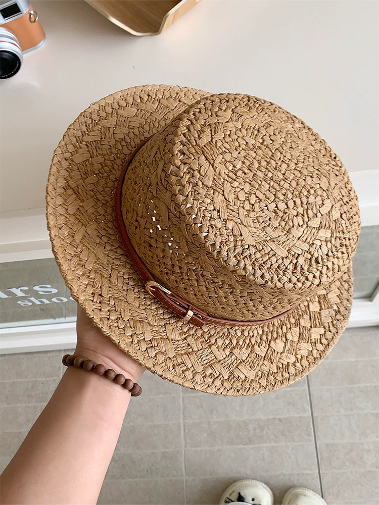 British style retro flat straw hat women's summer cut-out sunscreen hat seaside vacation style straw knitted sun hat