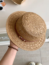 British style retro flat straw hat women's summer cut-out sunscreen hat seaside vacation style straw knitted sun hat