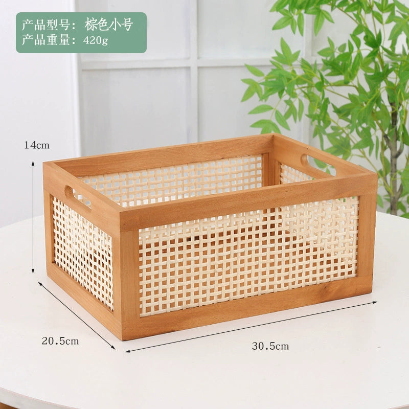 Vintage rattan storage basket desktop solid wood collection box home bedroom snack box toy uncovered wooden storage box