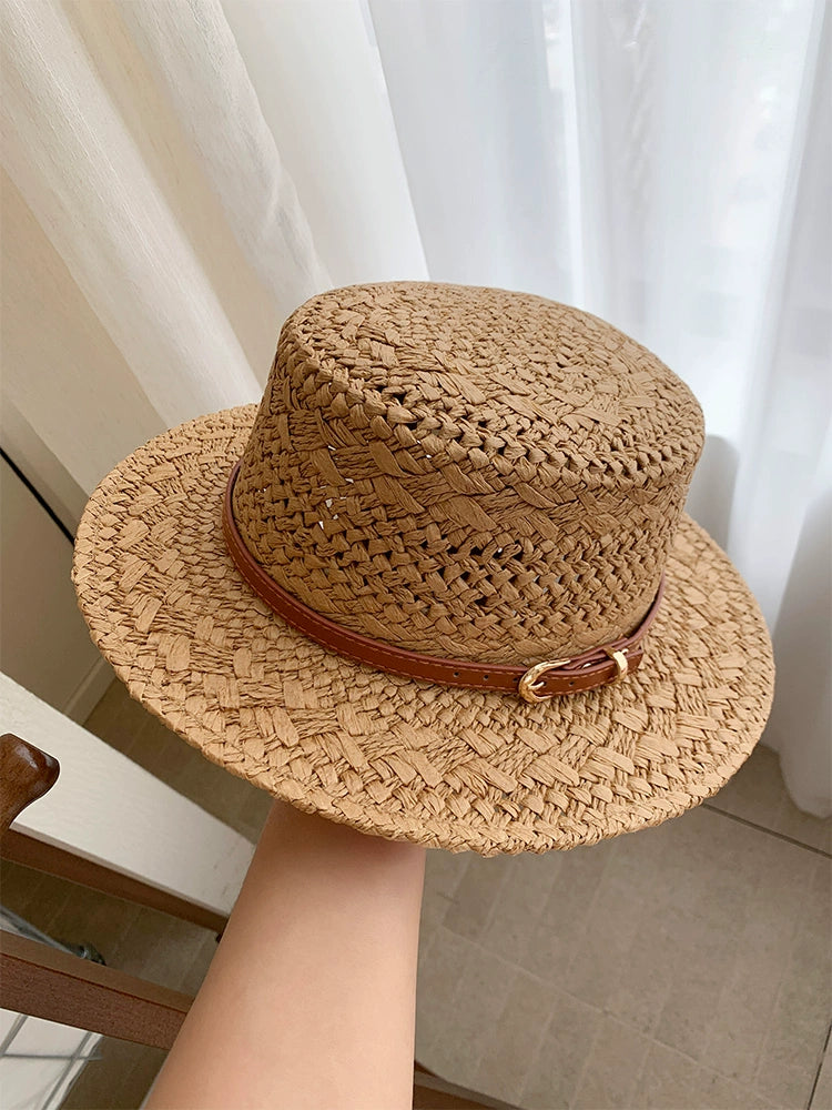 British style retro flat straw hat women's summer cut-out sunscreen hat seaside vacation style straw knitted sun hat