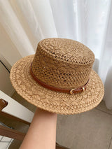 British style retro flat straw hat women's summer cut-out sunscreen hat seaside vacation style straw knitted sun hat