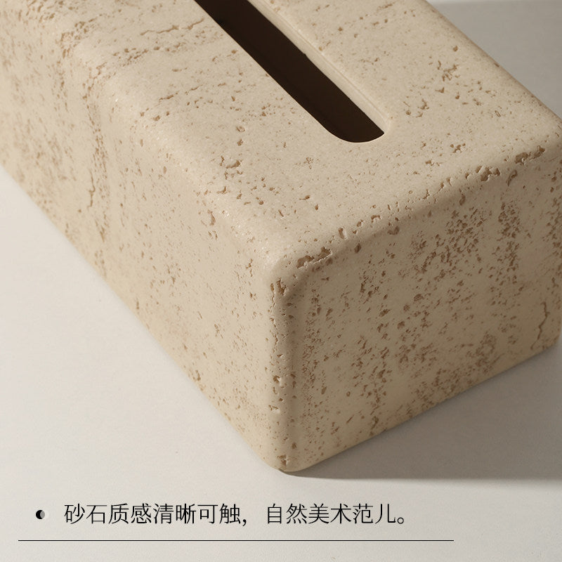 Travertine tissue box, living room, high-end light luxury, high-value storage, dining table, cream style, personality and creativity, desktop drawer box