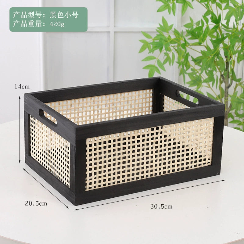 Vintage rattan storage basket desktop solid wood collection box home bedroom snack box toy uncovered wooden storage box