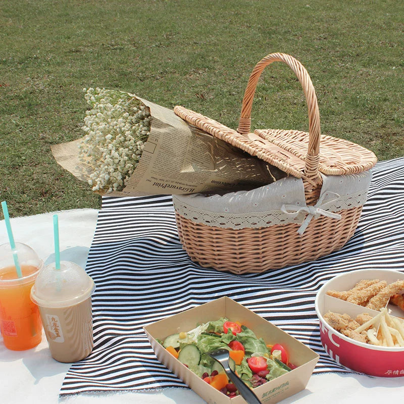 Picnic basket ins props net red supplies full set of outdoor willow rattan pastoral style bamboo basket with cover hand basket