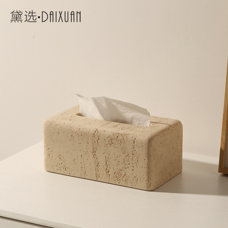 Travertine tissue box, living room, high-end light luxury, high-value storage, dining table, cream style, personality and creativity, desktop drawer box
