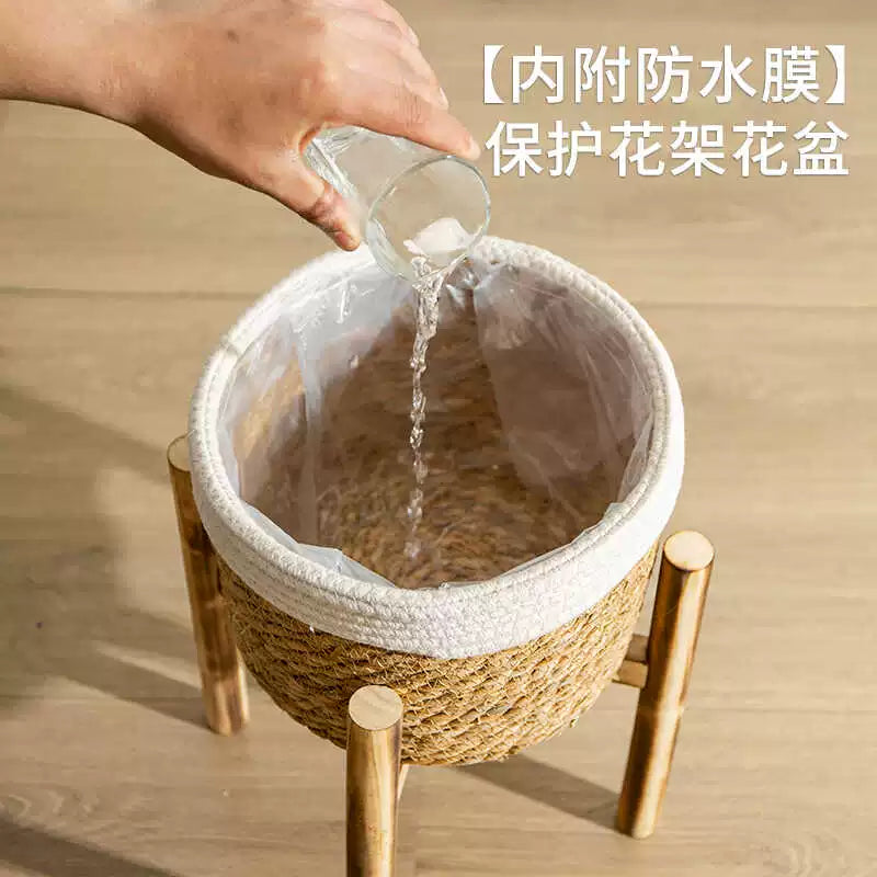 Home Accessories, Wooden Base Flower Basket, Flower Pot Set, Hand-Woven Balcony Basket, Straw Basket, Floor Standing Flower Pot Shelf