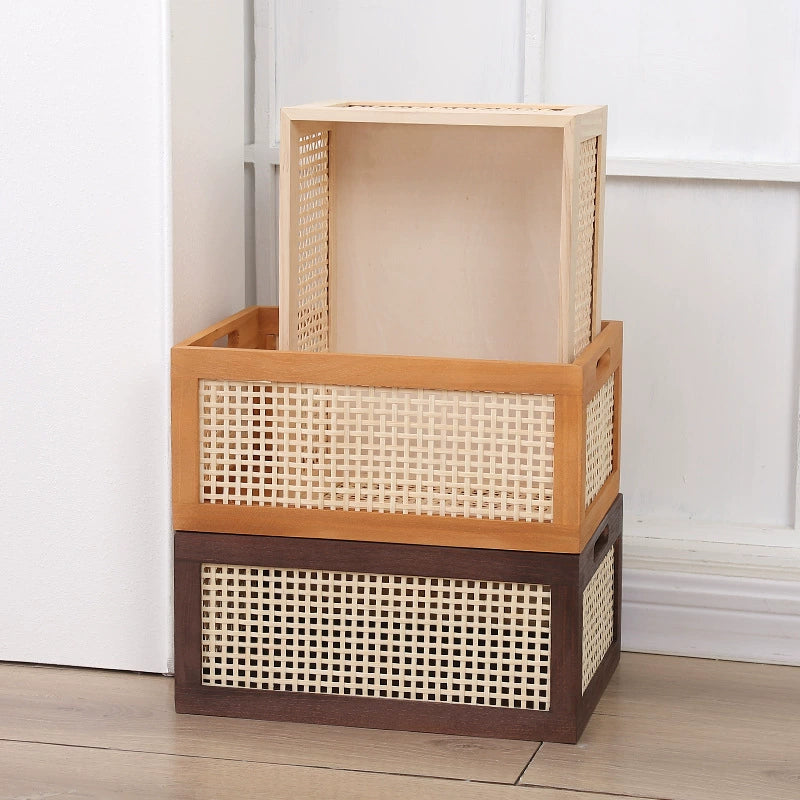 Vintage rattan storage basket desktop solid wood collection box home bedroom snack box toy uncovered wooden storage box