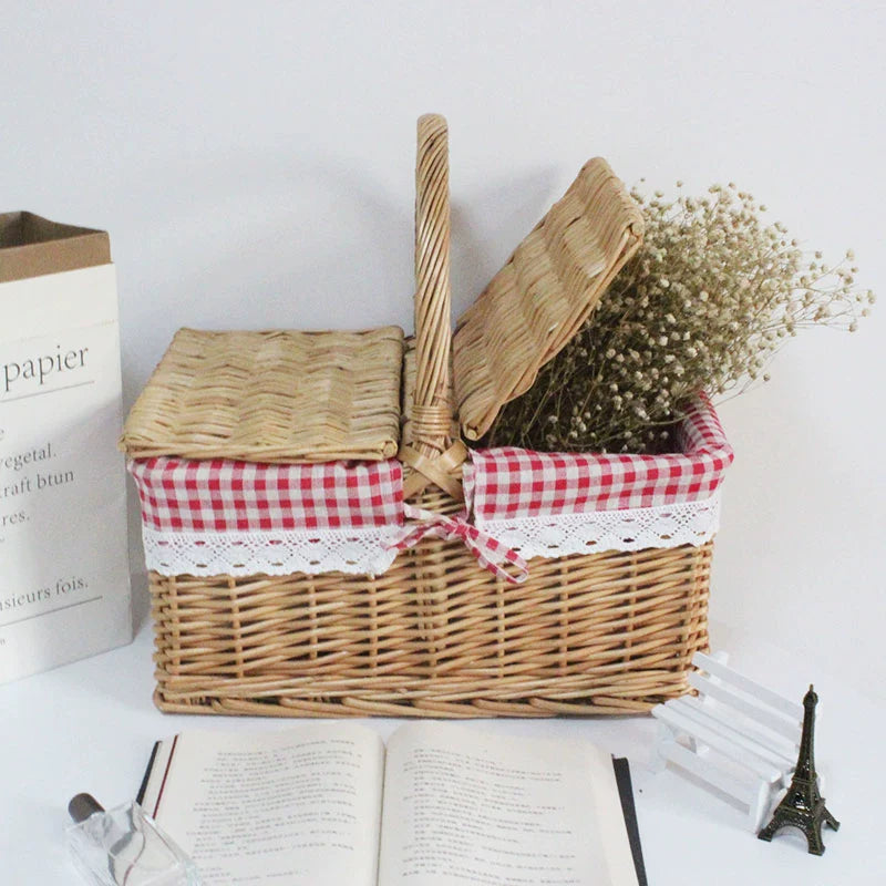 Picnic basket ins props net red supplies full set of outdoor willow rattan pastoral style bamboo basket with cover hand basket