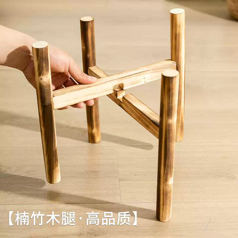 Home Accessories, Wooden Base Flower Basket, Flower Pot Set, Hand-Woven Balcony Basket, Straw Basket, Floor Standing Flower Pot Shelf