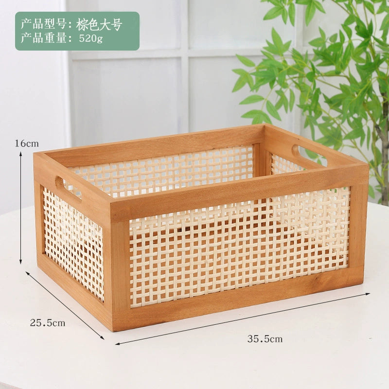 Vintage rattan storage basket desktop solid wood collection box home bedroom snack box toy uncovered wooden storage box