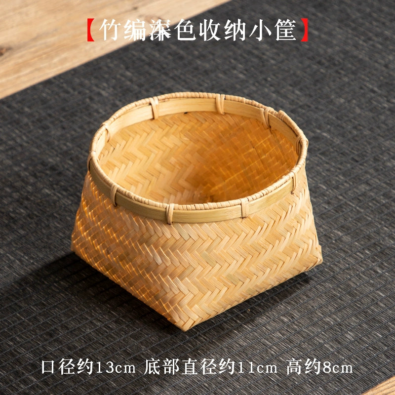 Natural handmade bamboo woven small basket, square bottom round mouth bamboo basket, snack storage basket, household retro small basket