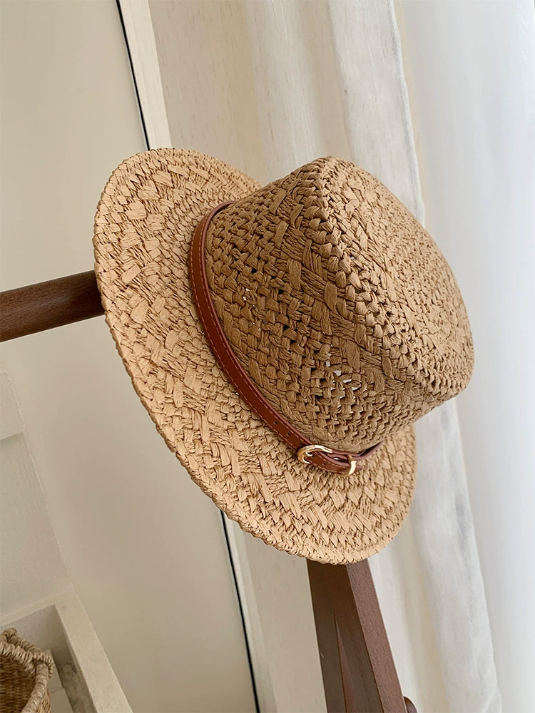 British style retro flat straw hat women's summer cut-out sunscreen hat seaside vacation style straw knitted sun hat