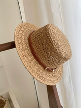 British style retro flat straw hat women's summer cut-out sunscreen hat seaside vacation style straw knitted sun hat