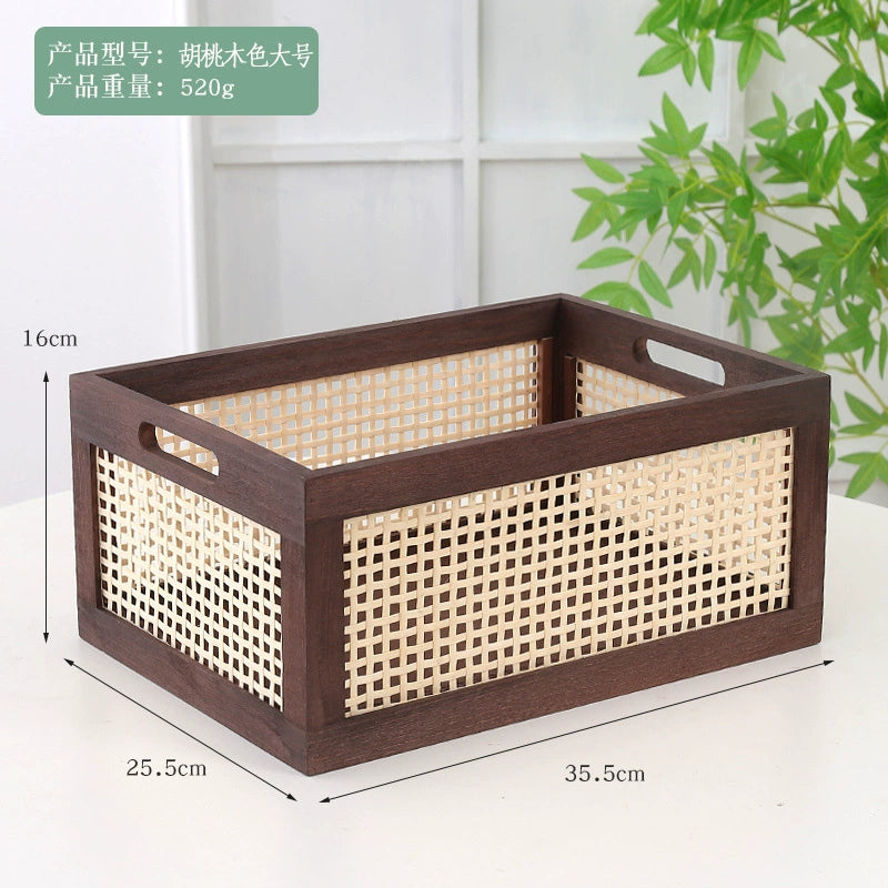 Vintage rattan storage basket desktop solid wood collection box home bedroom snack box toy uncovered wooden storage box