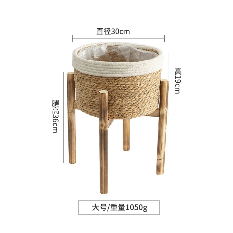 Home Accessories, Wooden Base Flower Basket, Flower Pot Set, Hand-Woven Balcony Basket, Straw Basket, Floor Standing Flower Pot Shelf