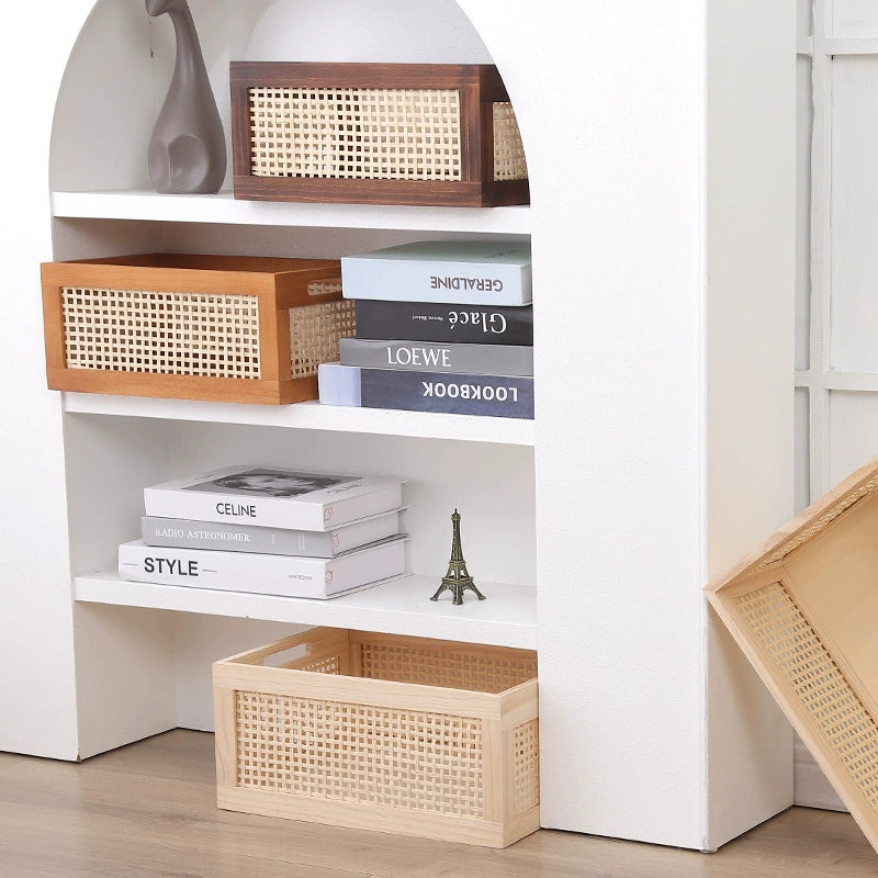 Vintage rattan storage basket desktop solid wood collection box home bedroom snack box toy uncovered wooden storage box